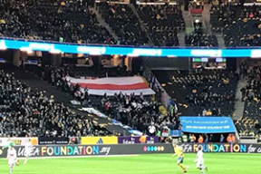 Зрители во время футбольного матча Швеция-Беларусь развернули бело-красно-белый флаг